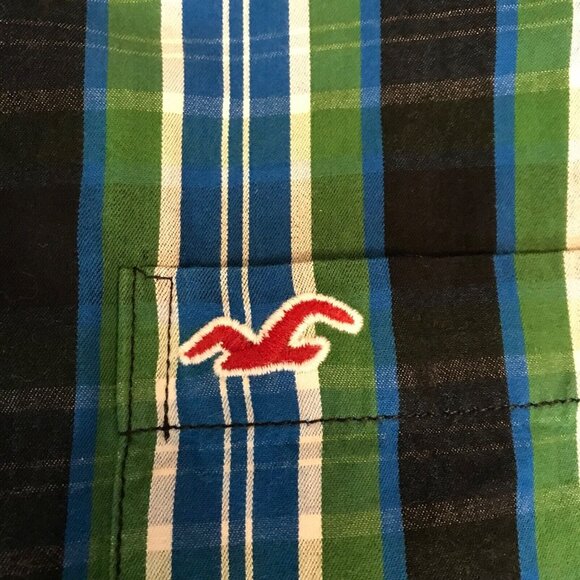 Hollister Long Sleeve Shirt M XXL Green Blue Plaid Cotton Button-Up Pocket Logo - Picture 4 of 10